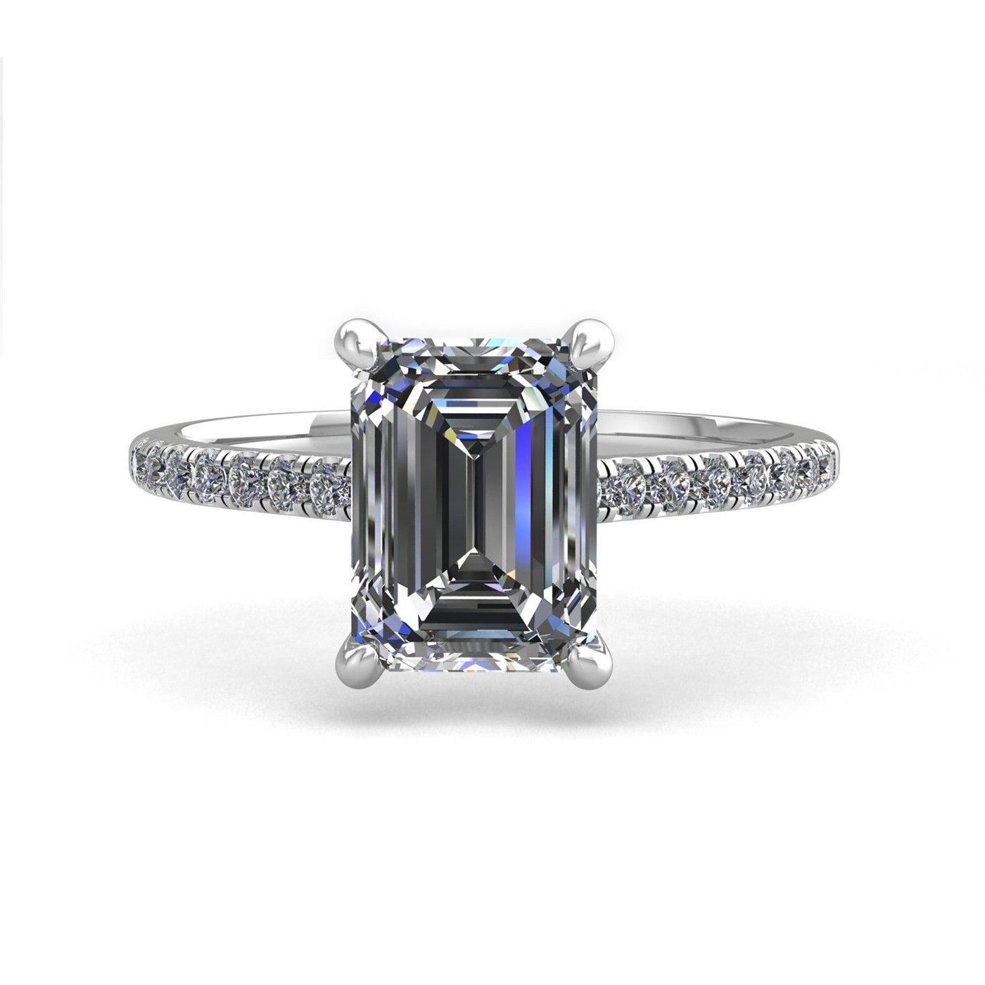 18k white gold 1.5ct 4 prongs emerald cut diamond engagement ring with whisper thin pavÉ set band