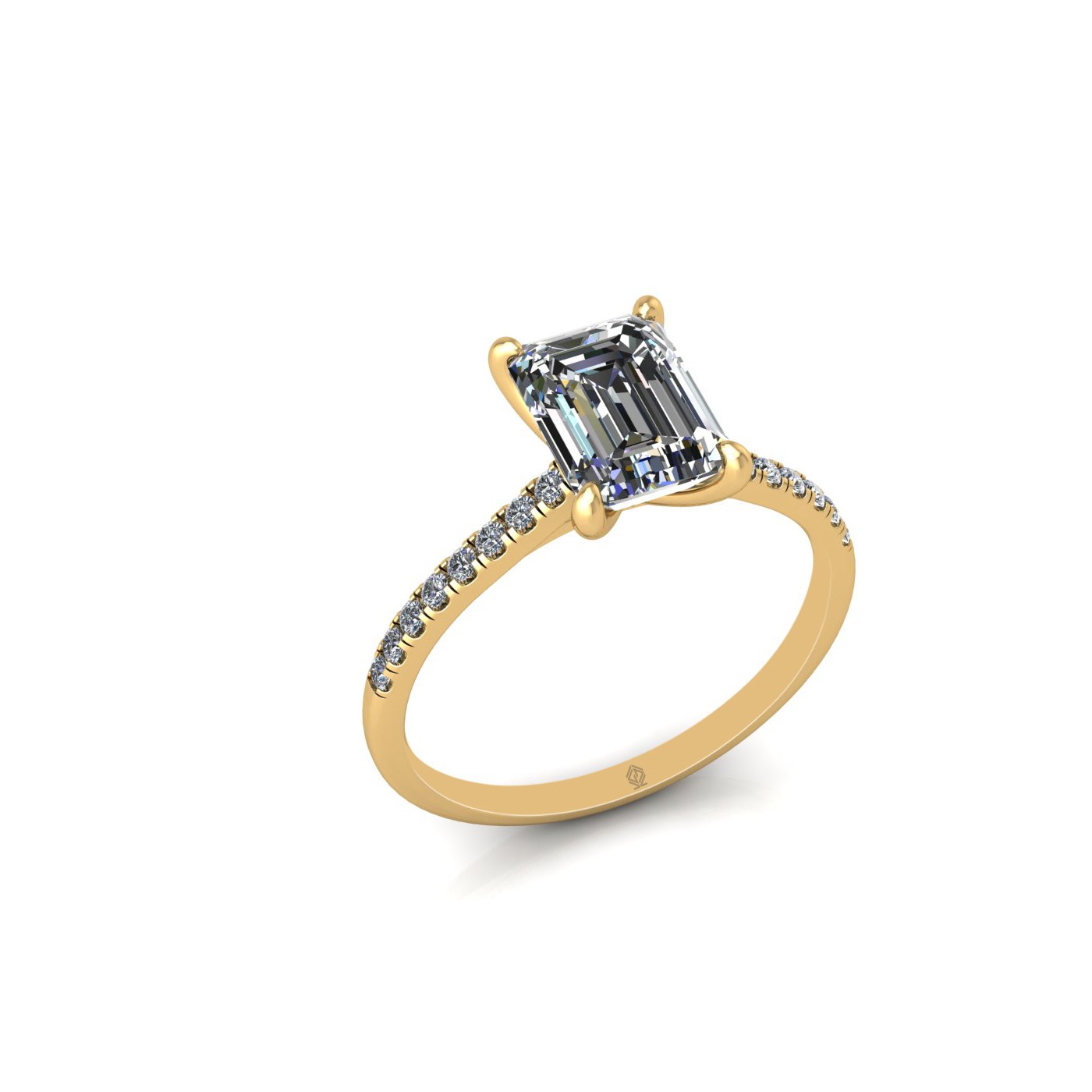 18k yellow gold 1.5ct 4 prongs emerald cut diamond engagement ring with whisper thin pavÉ set band Photos & images