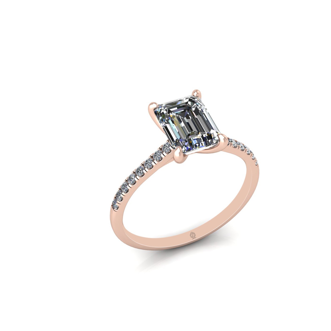 18k rose gold 1.5ct 4 prongs emerald cut diamond engagement ring with whisper thin pavÉ set band