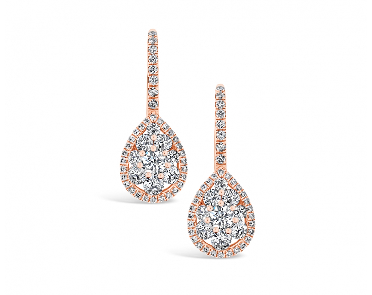 18k rose gold pear shaped illusion set diamond earrings with round upstones