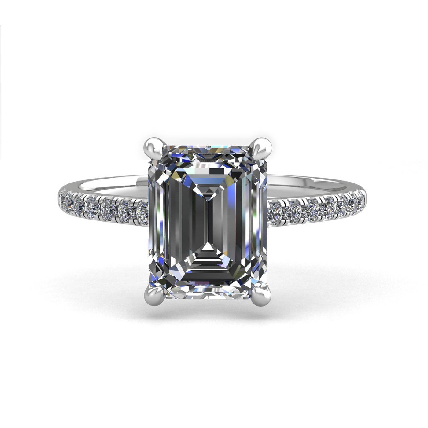 18k white gold 2.0ct 4 prongs emerald cut diamond engagement ring with whisper thin pavÉ set band