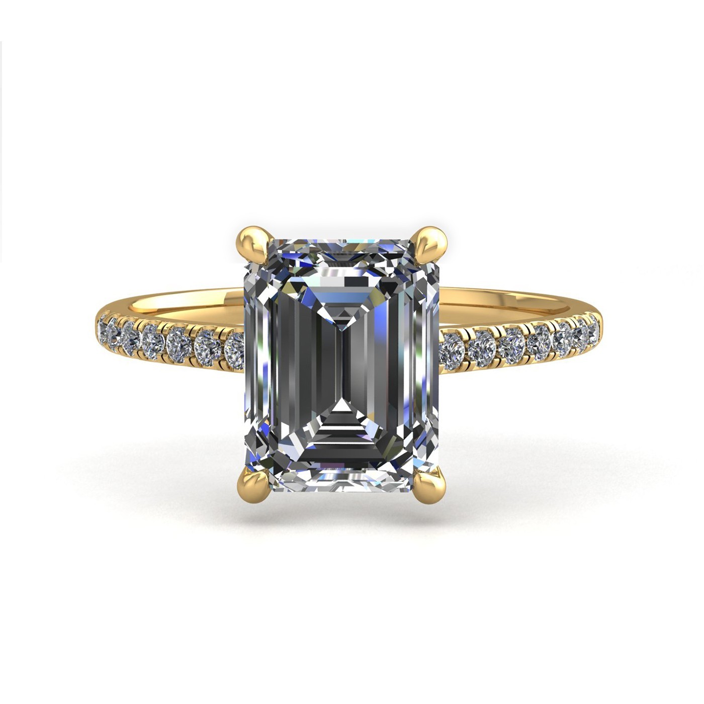 18k yellow gold 1.5ct 4 prongs emerald cut diamond engagement ring with whisper thin pavÉ set band Photos & images