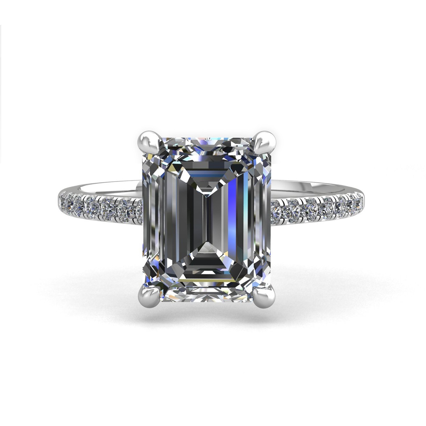18k white gold 2.0ct 4 prongs emerald cut diamond engagement ring with whisper thin pavÉ set band Photos & images