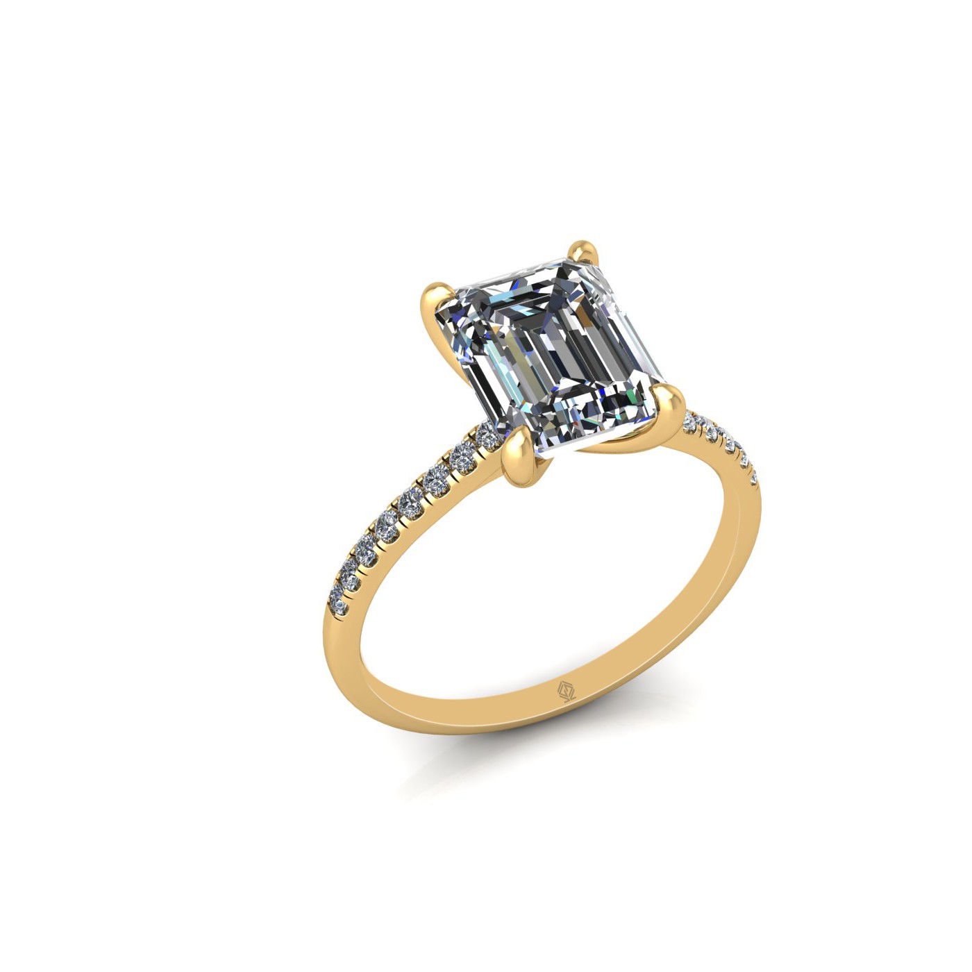 18k yellow gold 2.5ct 4 prongs emerald cut diamond engagement ring with whisper thin pavÉ set band