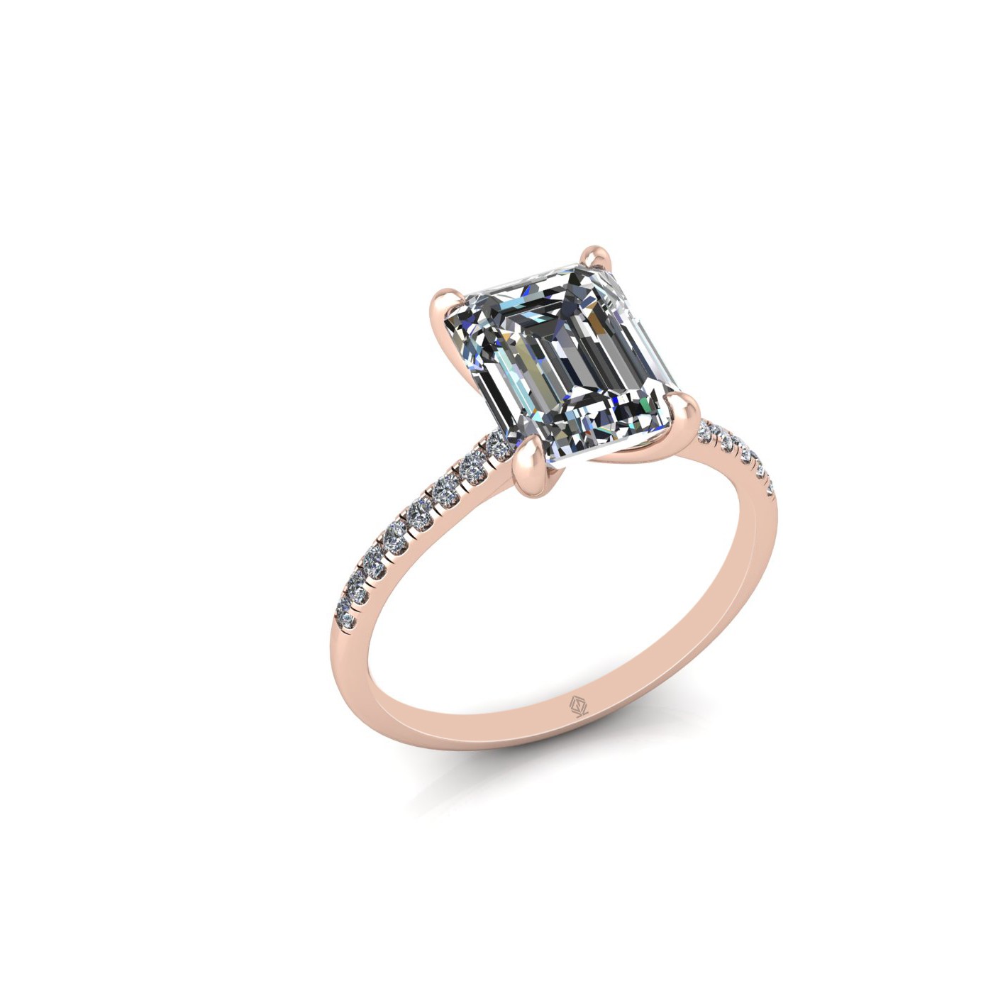 18k rose gold 2.5ct 4 prongs emerald cut diamond engagement ring with whisper thin pavÉ set band Photos & images