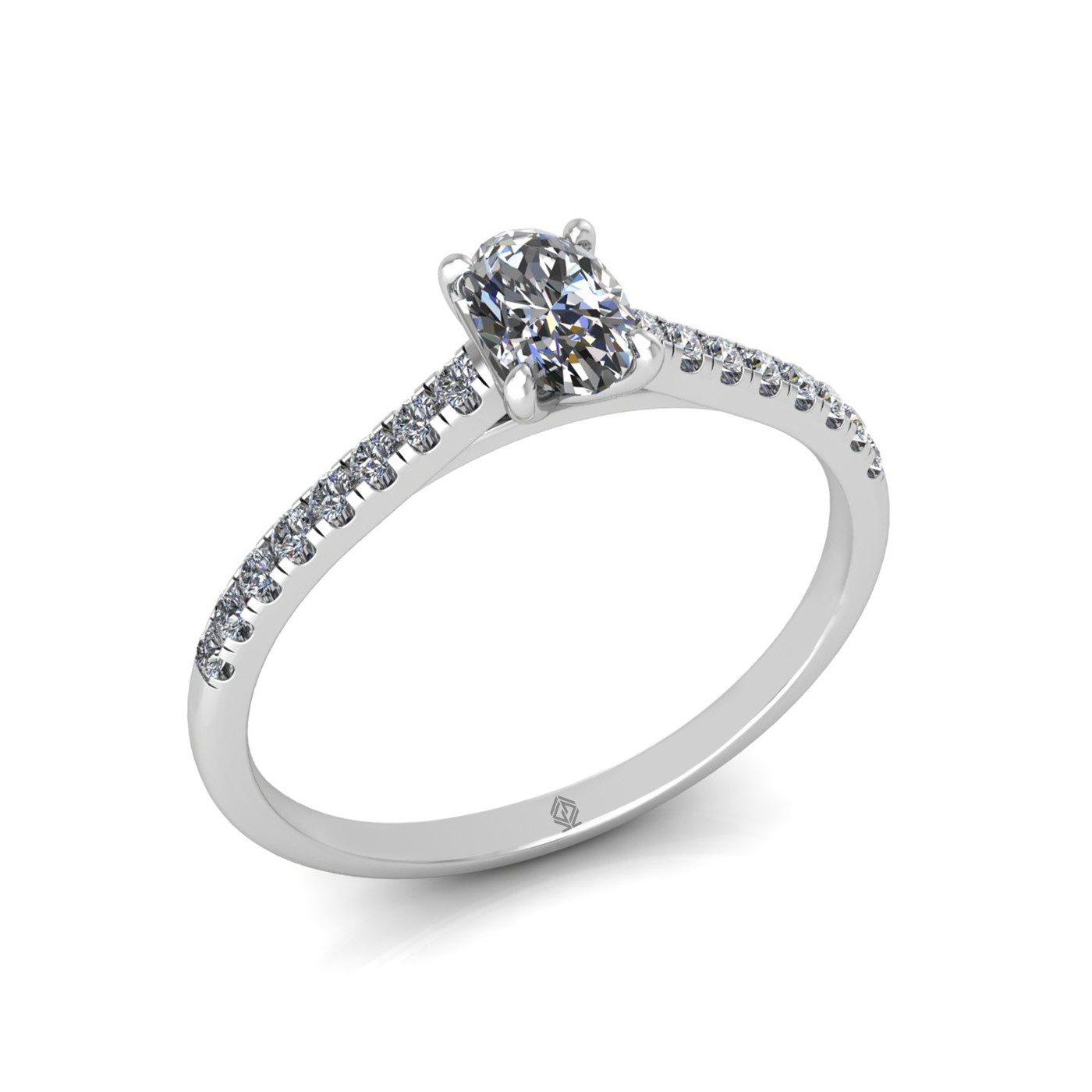 18k white gold  0,30 ct 4 prongs oval cut diamond engagement ring with whisper thin pavÉ set band