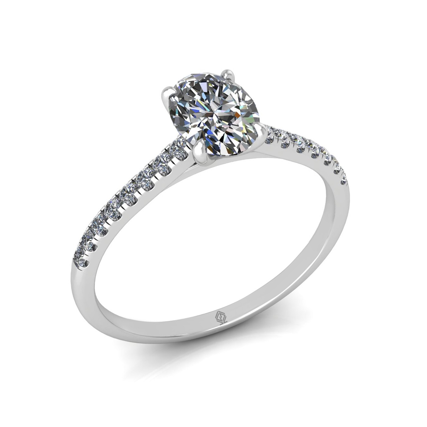 18k white gold  0,80 ct 4 prongs oval cut diamond engagement ring with whisper thin pavÉ set band