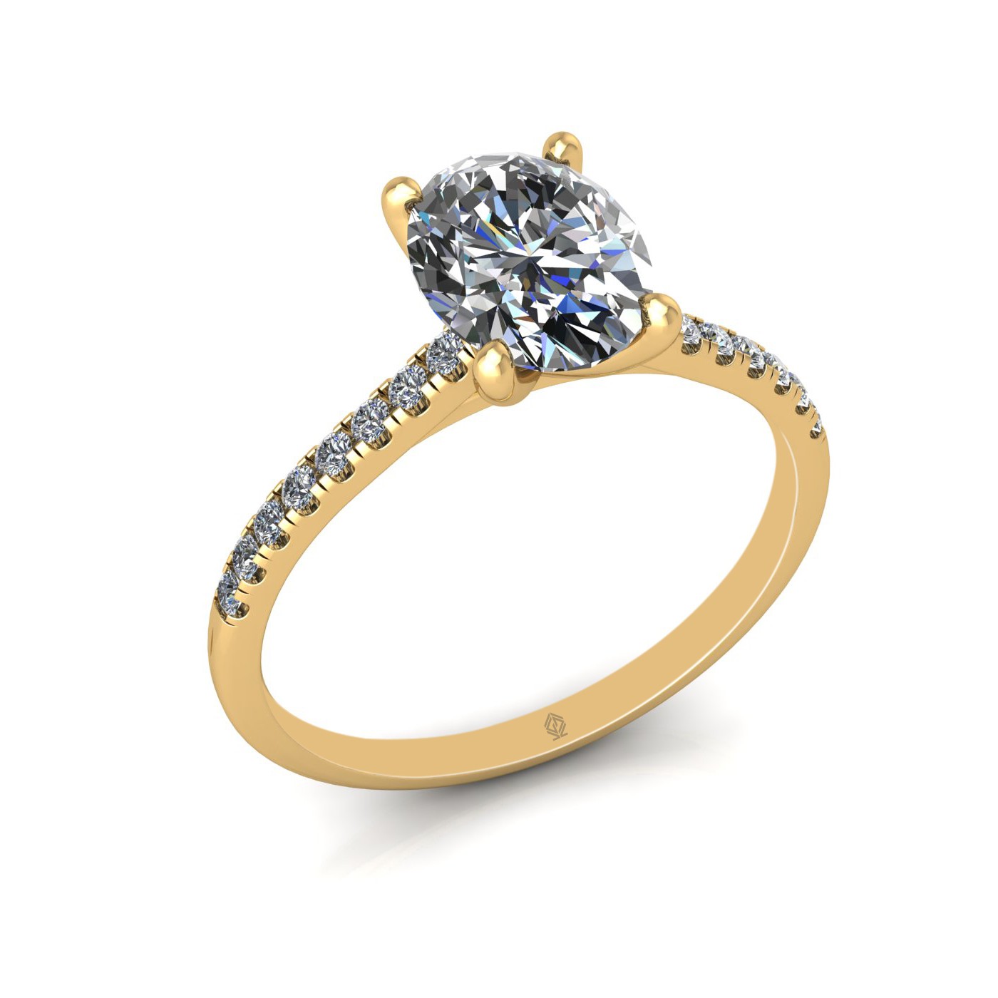 18k yellow gold  1,20 ct 4 prongs oval cut diamond engagement ring with whisper thin pavÉ set band