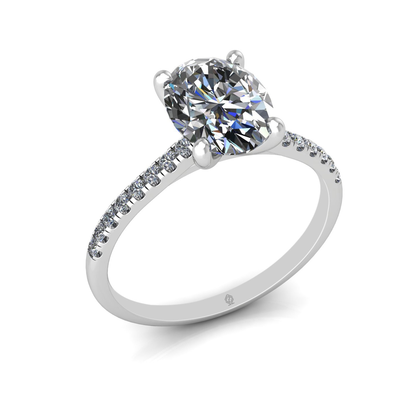 18k white gold  1,50 ct 4 prongs oval cut diamond engagement ring with whisper thin pavÉ set band