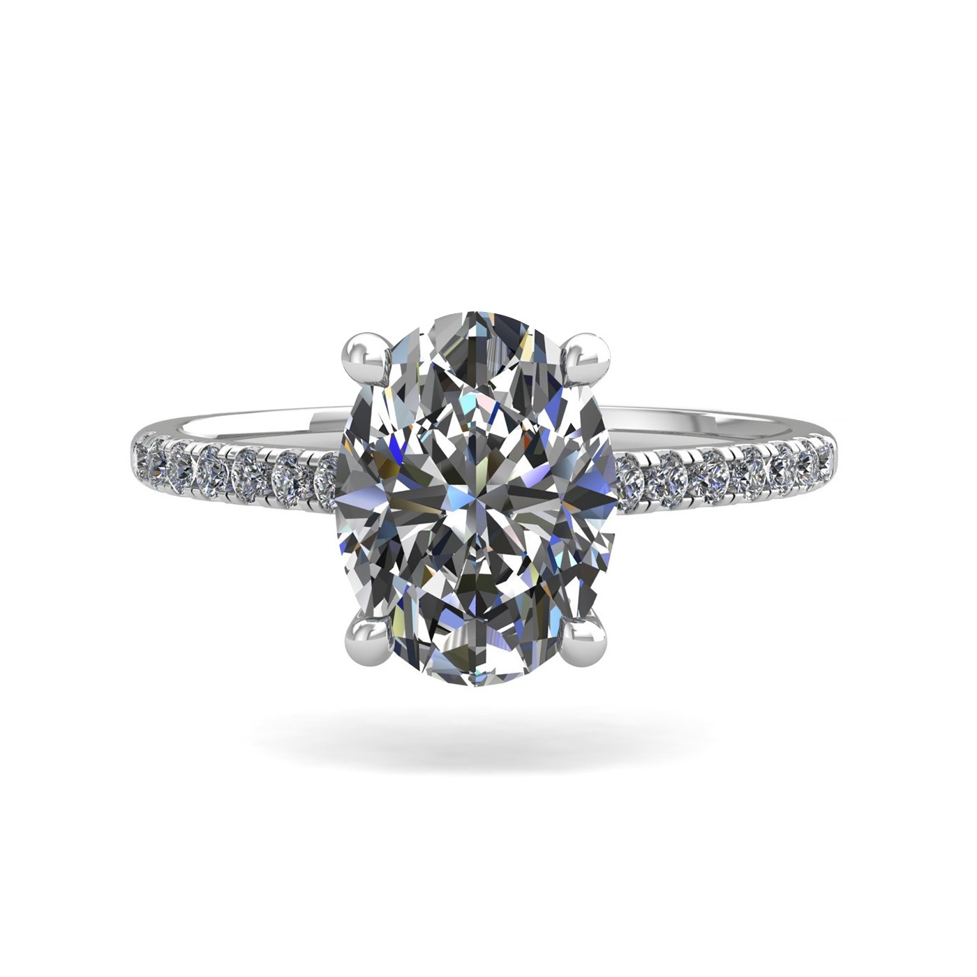 18k white gold  1,50 ct 4 prongs oval cut diamond engagement ring with whisper thin pavÉ set band