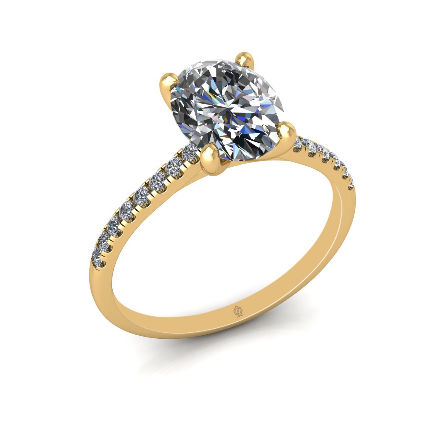 18k yellow gold  1,50 ct 4 prongs oval cut diamond engagement ring with whisper thin pavÉ set band Photos & images