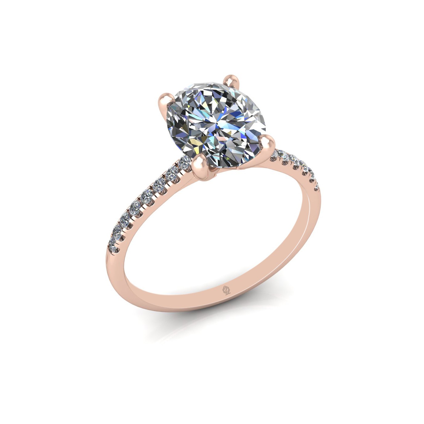 18k rose gold  2,00 ct 4 prongs oval cut diamond engagement ring with whisper thin pavÉ set band