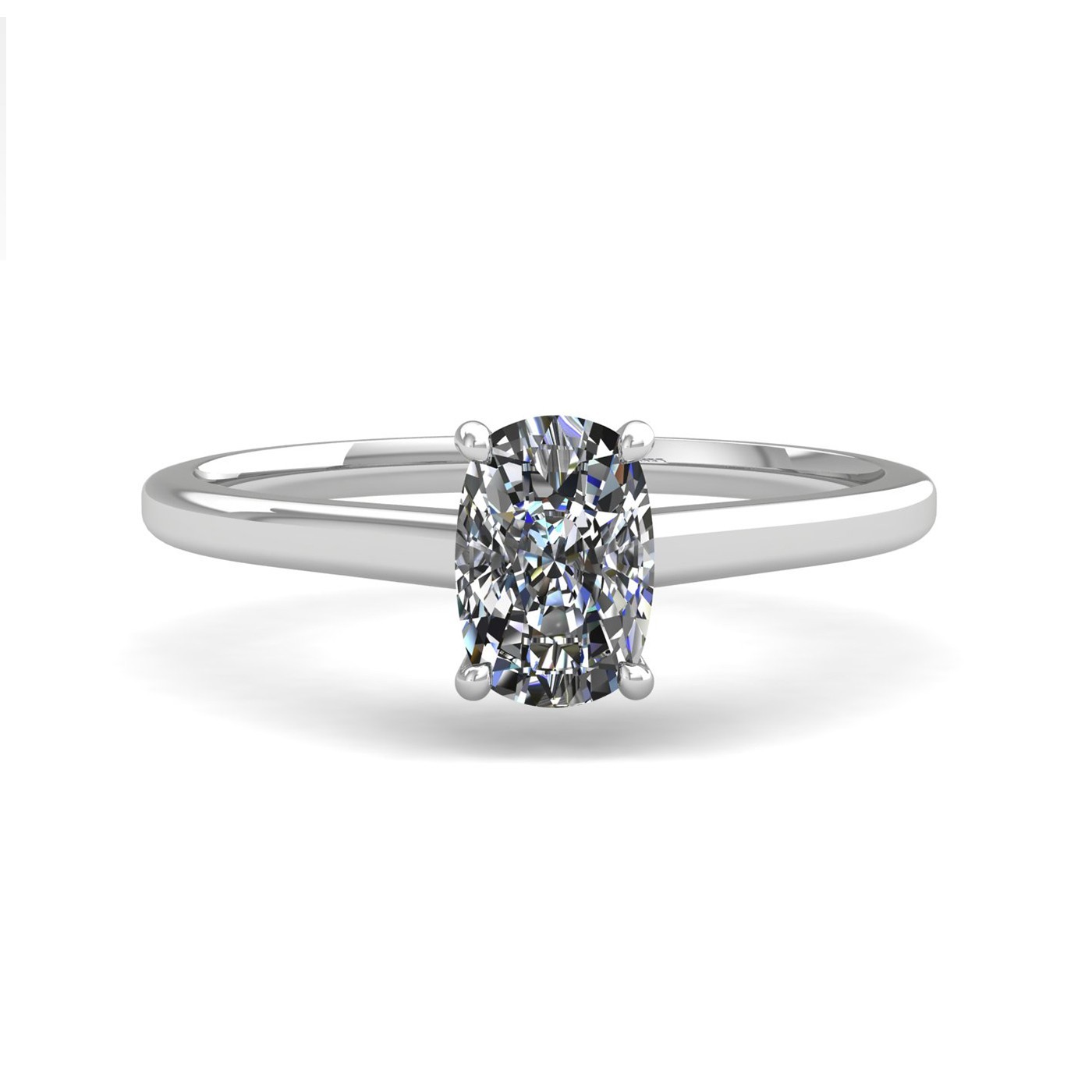 18k white gold  0,80 ct 4 prongs solitaire elongated cushion cut diamond engagement ring with whisper thin band
