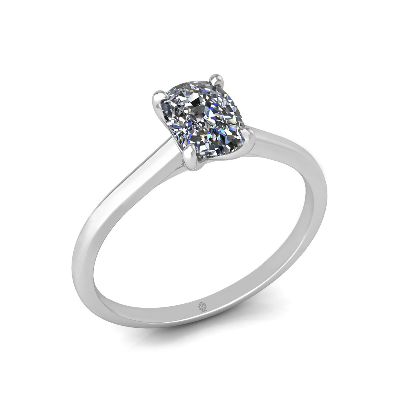 18k white gold 1,00 ct 4 prongs solitaire elongated cushion cut diamond engagement ring with whisper thin band