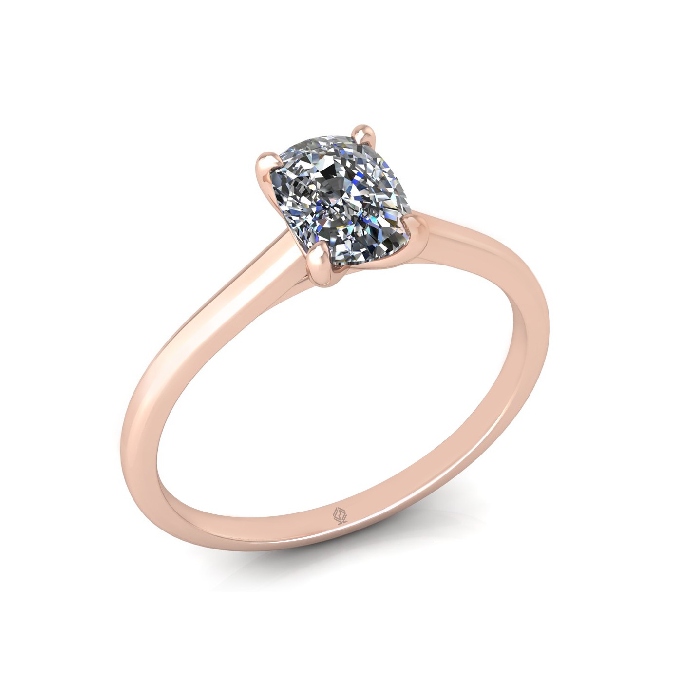 18k rose gold 1,00 ct 4 prongs solitaire elongated cushion cut diamond engagement ring with whisper thin band
