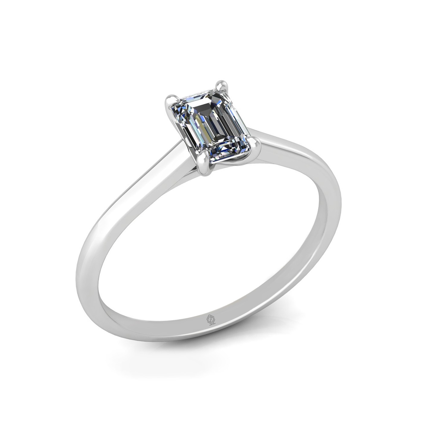 18k white gold  0,50 ct 4 prongs solitaire emerald cut diamond engagement ring with whisper thin band