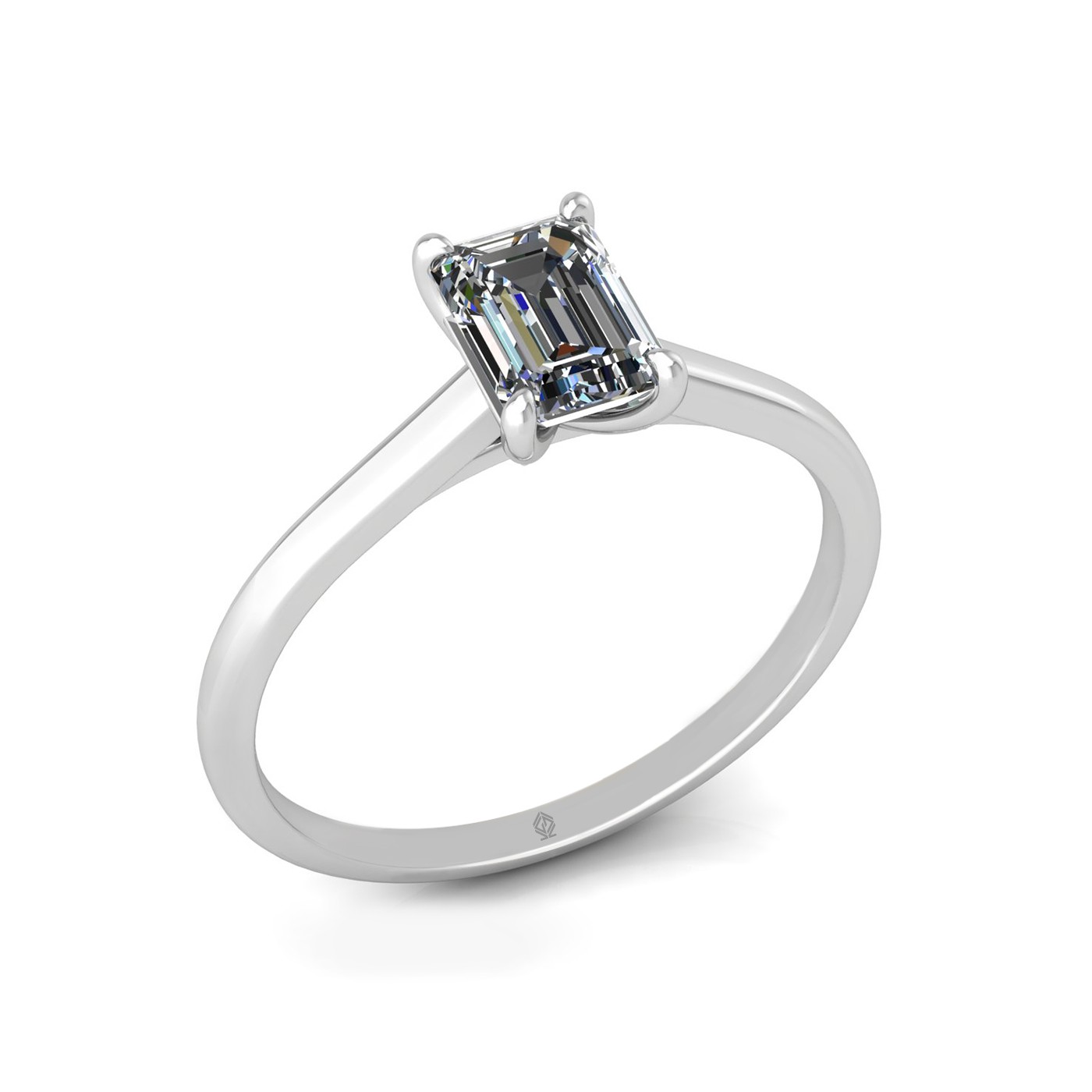 18k white gold  0,80 ct 4 prongs solitaire emerald cut diamond engagement ring with whisper thin band