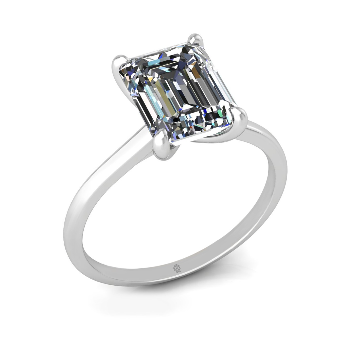 18k white gold 4 prongs emerald shape diamond ring