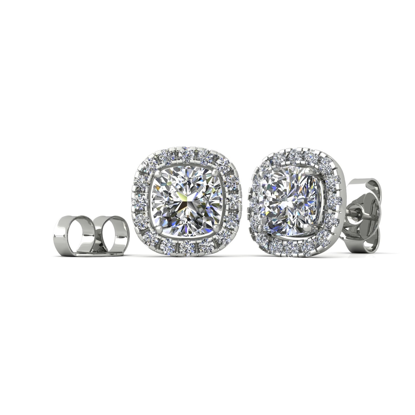 18k white gold  1,0 ct each (2,0 tcw) 4 prongs cushion shape diamond earrings with diamond pavÉ set halo Photos & images