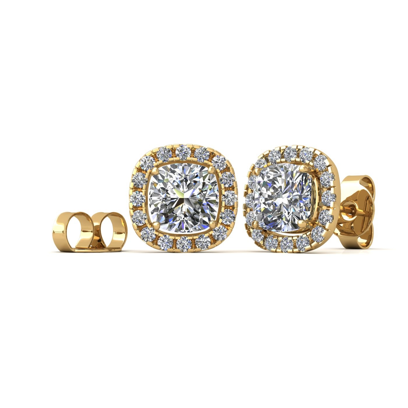 18k yellow gold 0,3 ct each (0,6 tcw) 4 prongs cushion shape diamond earrings with diamond pavÉ set halo