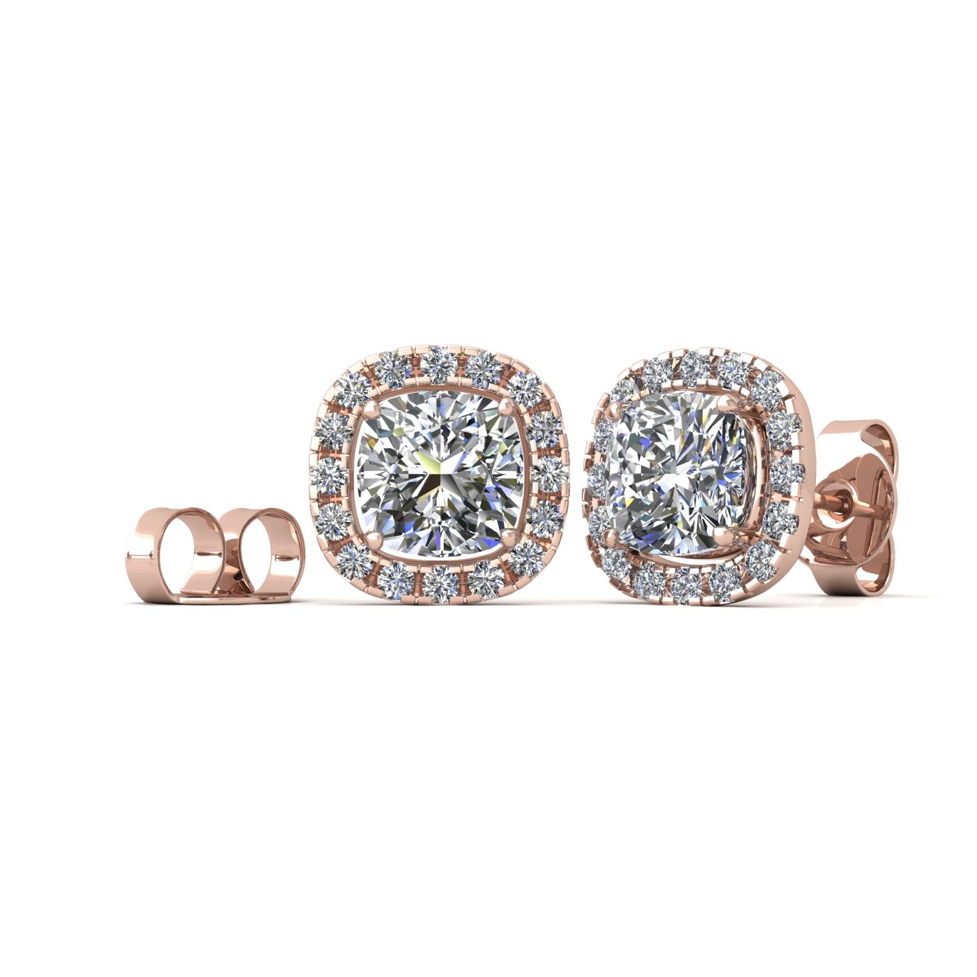 18k rose gold  1,0 ct each (2,0 tcw) 4 prongs cushion shape diamond earrings with diamond pavÉ set halo Photos & images