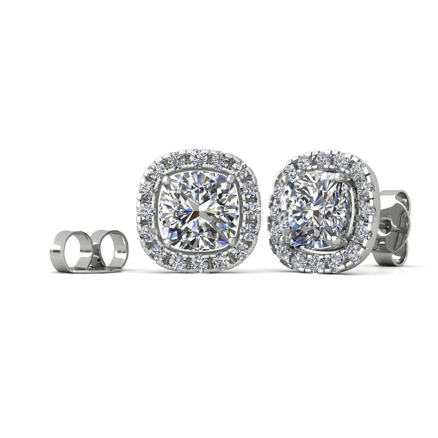 18k white gold  2,5 ct each (5,0 tcw) 4 prongs cushion shape diamond earrings with diamond pavÉ set halo Photos & images