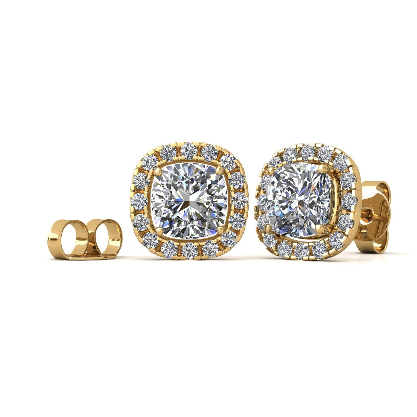 18k yellow gold  0,5 ct each (1,0 tcw) 4 prongs cushion shape diamond earrings with diamond pavÉ set halo