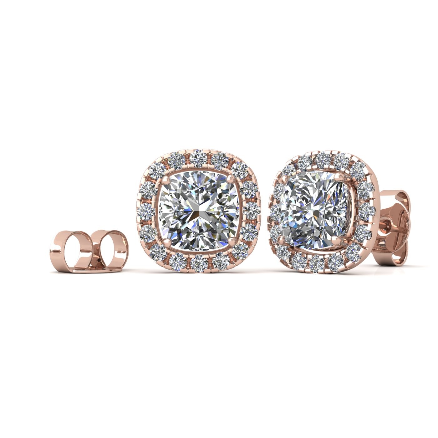 18k rose gold  0,5 ct each (1,0 tcw) 4 prongs cushion shape diamond earrings with diamond pavÉ set halo