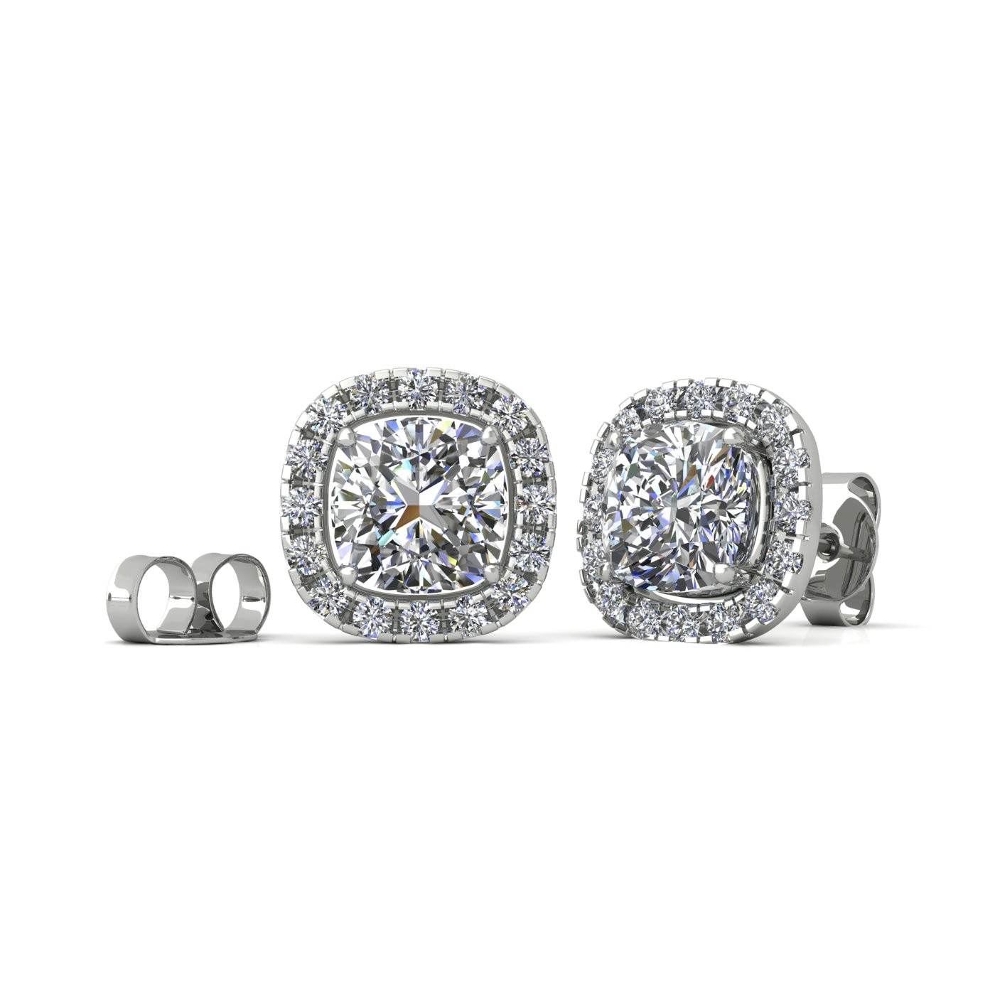 18k white gold  0,7 ct each (1,4 tcw) 4 prongs cushion shape diamond earrings with diamond pavÉ set halo