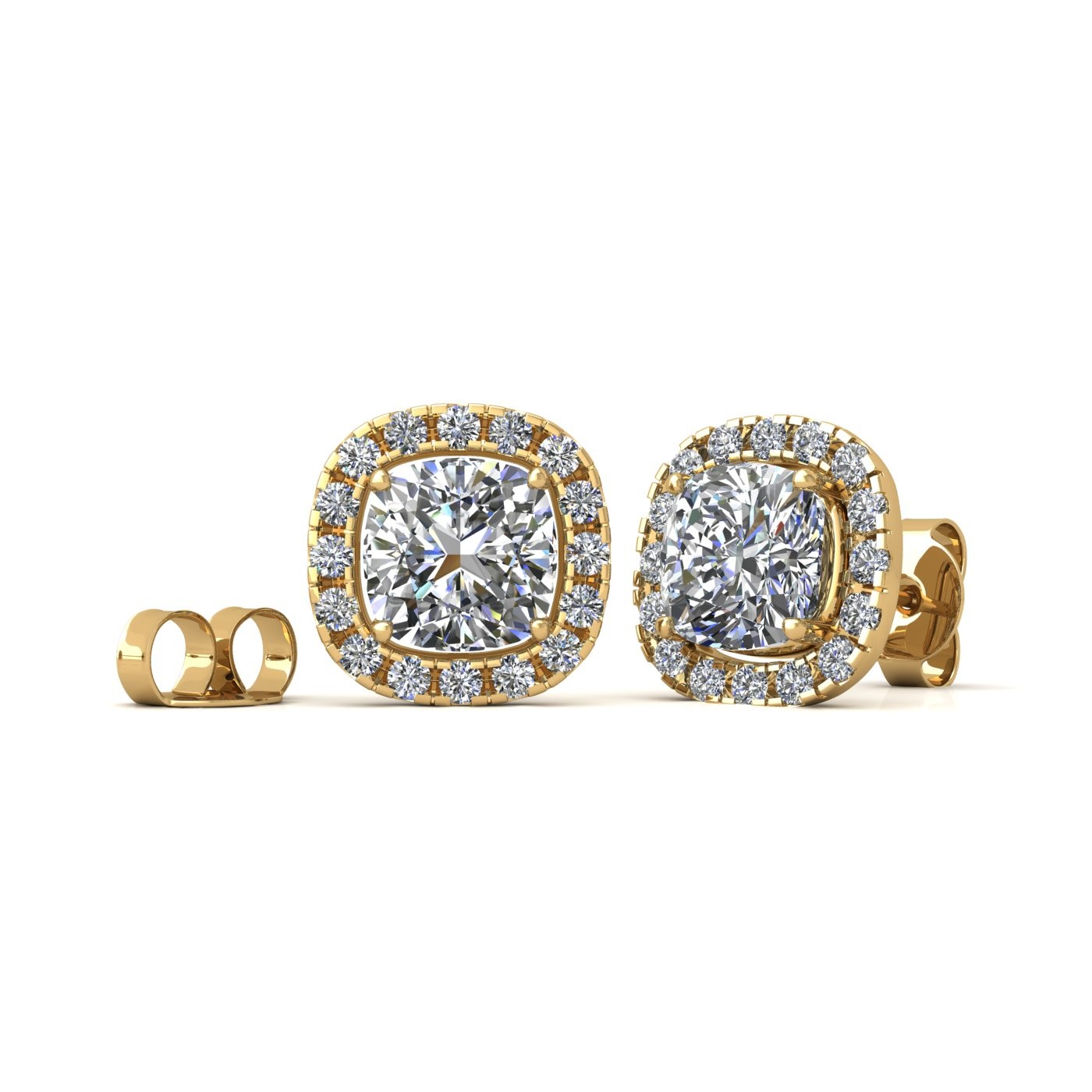 18k yellow gold  0,7 ct each (1,4 tcw) 4 prongs cushion shape diamond earrings with diamond pavÉ set halo
