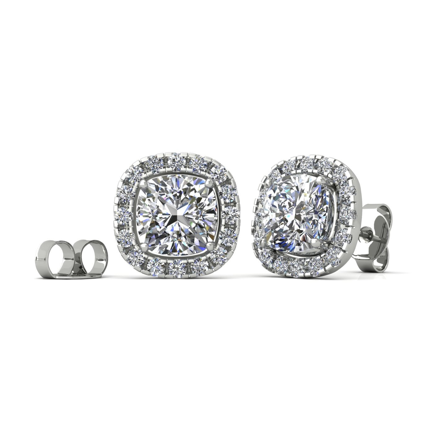 18k white gold  1,0 ct each (2,0 tcw) 4 prongs cushion shape diamond earrings with diamond pavÉ set halo