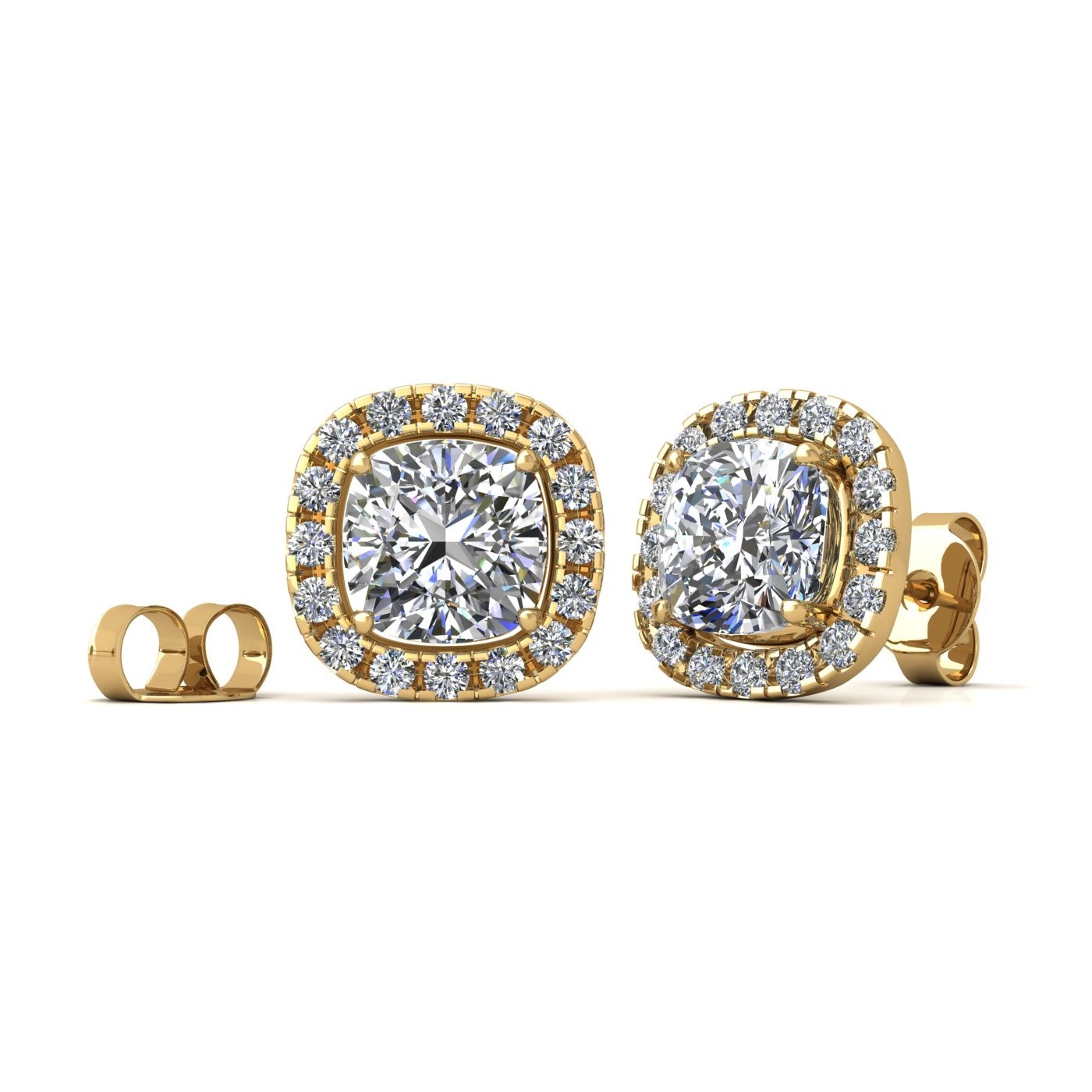 18k yellow gold 1,0 ct each (2,0 tcw) 4 prongs cushion shape diamond earrings with diamond pavÉ set halo