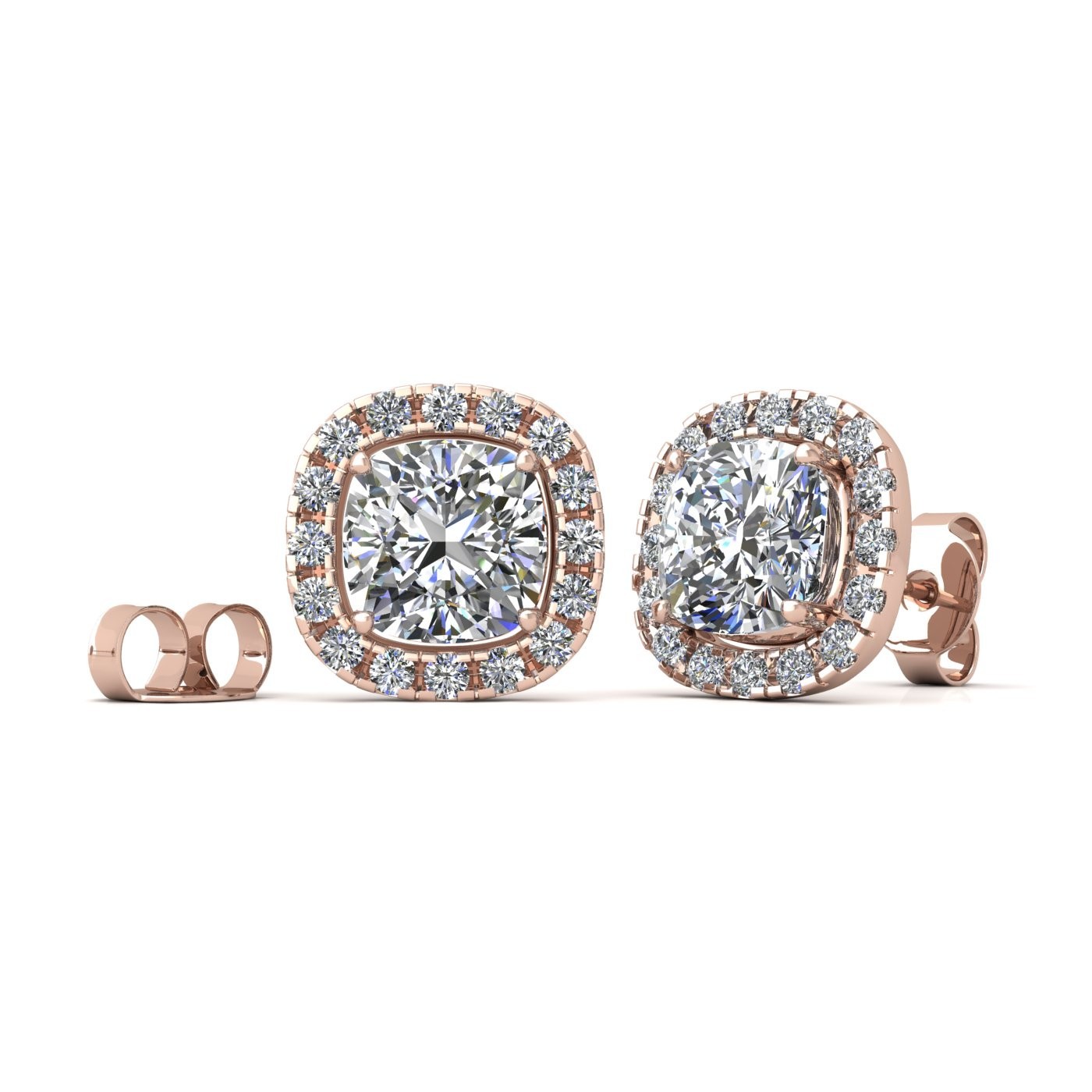 18k rose gold  1,0 ct each (2,0 tcw) 4 prongs cushion shape diamond earrings with diamond pavÉ set halo