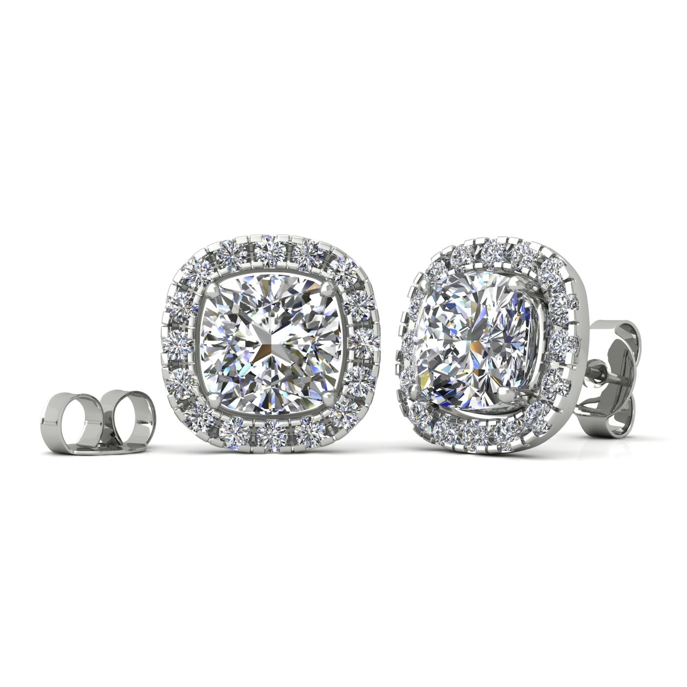 18k white gold  1,5 ct each (3,0 tcw) 4 prongs cushion shape diamond earrings with diamond pavÉ set halo Photos & images