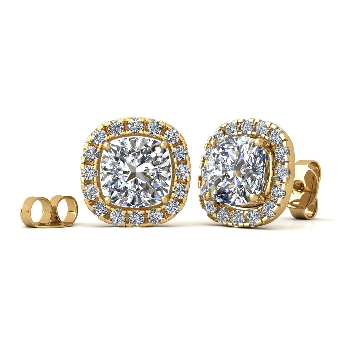 18k yellow gold  1,2 ct each (2,4 tcw) 4 prongs cushion shape diamond earrings with diamond pavÉ set halo