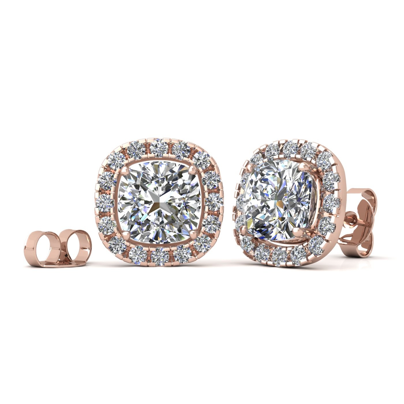 18k white gold 1,2 ct each (2,4 tcw) 4 prongs cushion shape diamond earrings with diamond pavÉ set halo Photos & images