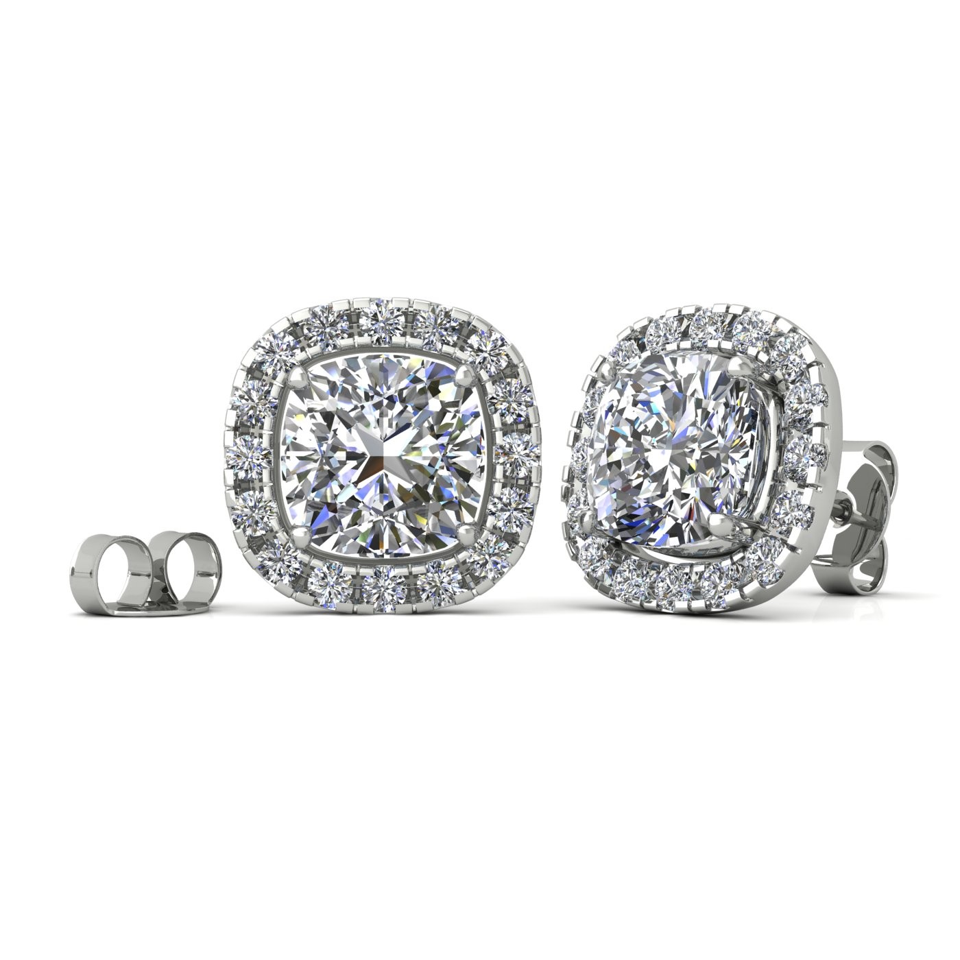 18k white gold  1,5 ct each (3,0 tcw) 4 prongs cushion shape diamond earrings with diamond pavÉ set halo