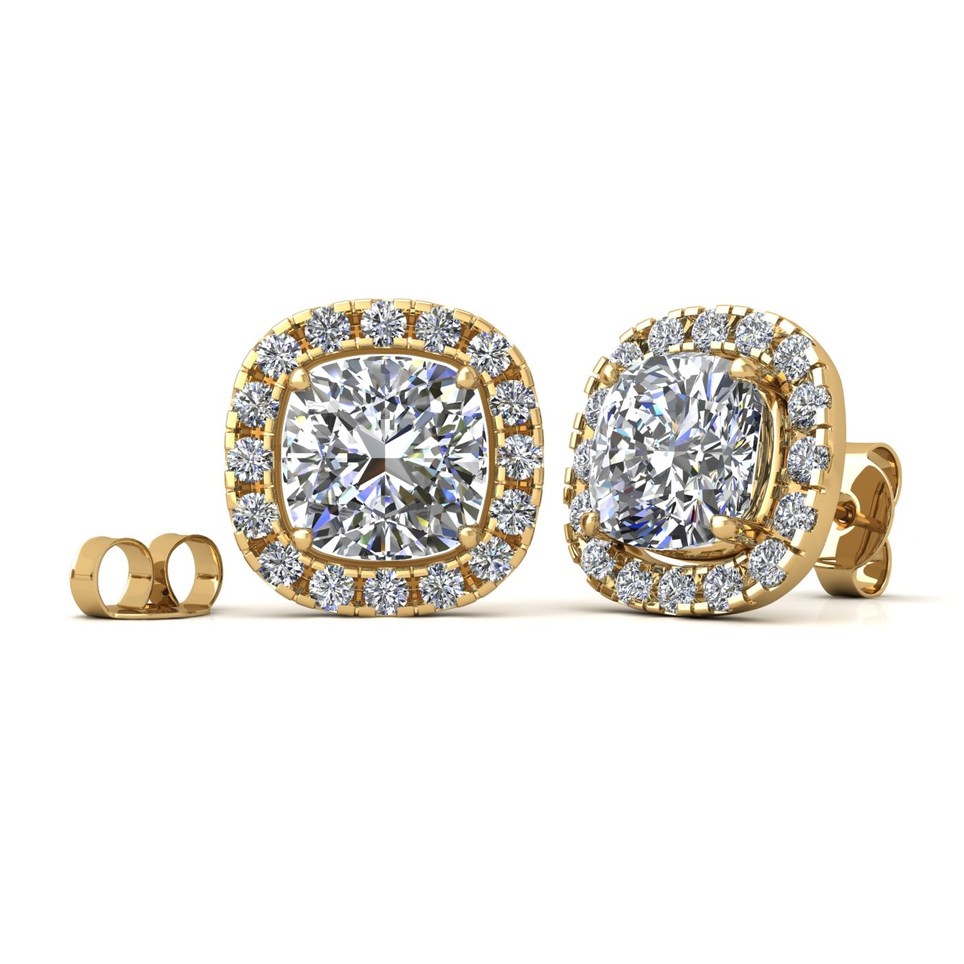 18k yellow gold  2,5 ct each (5,0 tcw) 4 prongs cushion shape diamond earrings with diamond pavÉ set halo Photos & images