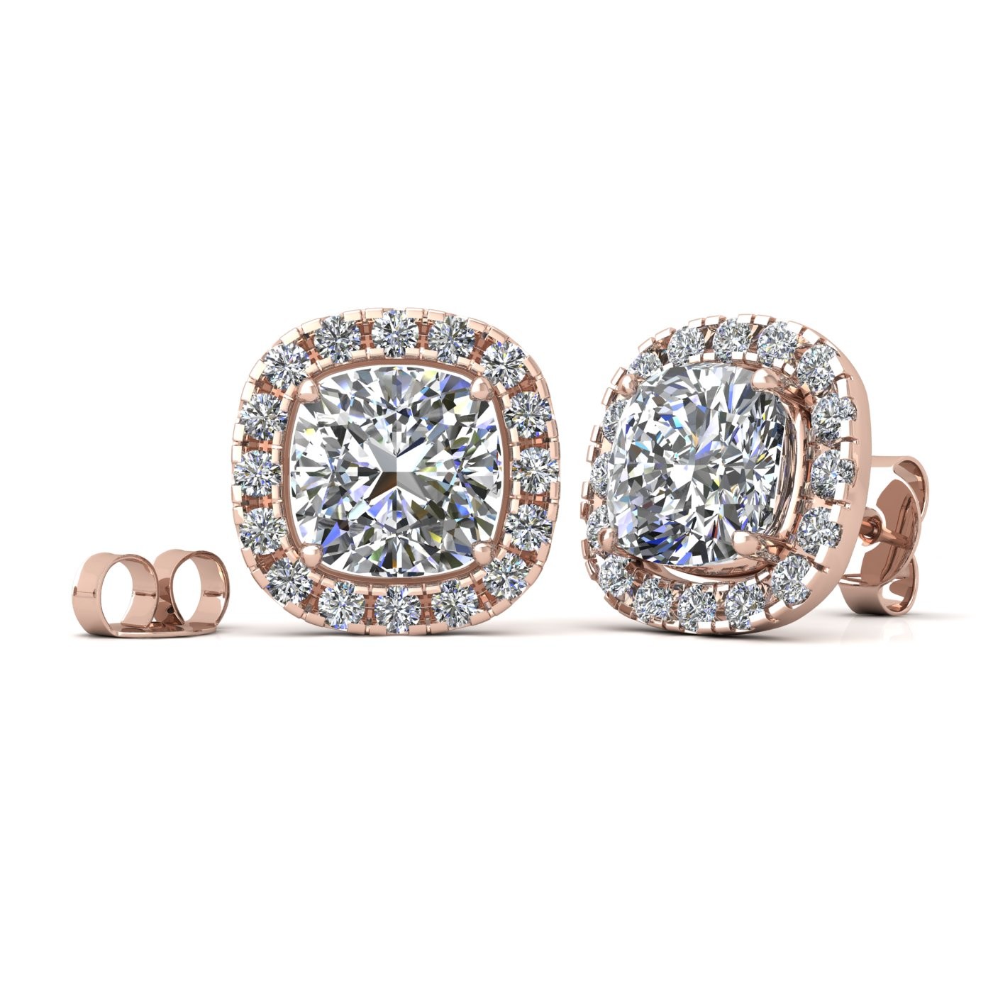 18k rose gold  2,5 ct each (5,0 tcw) 4 prongs cushion shape diamond earrings with diamond pavÉ set halo Photos & images