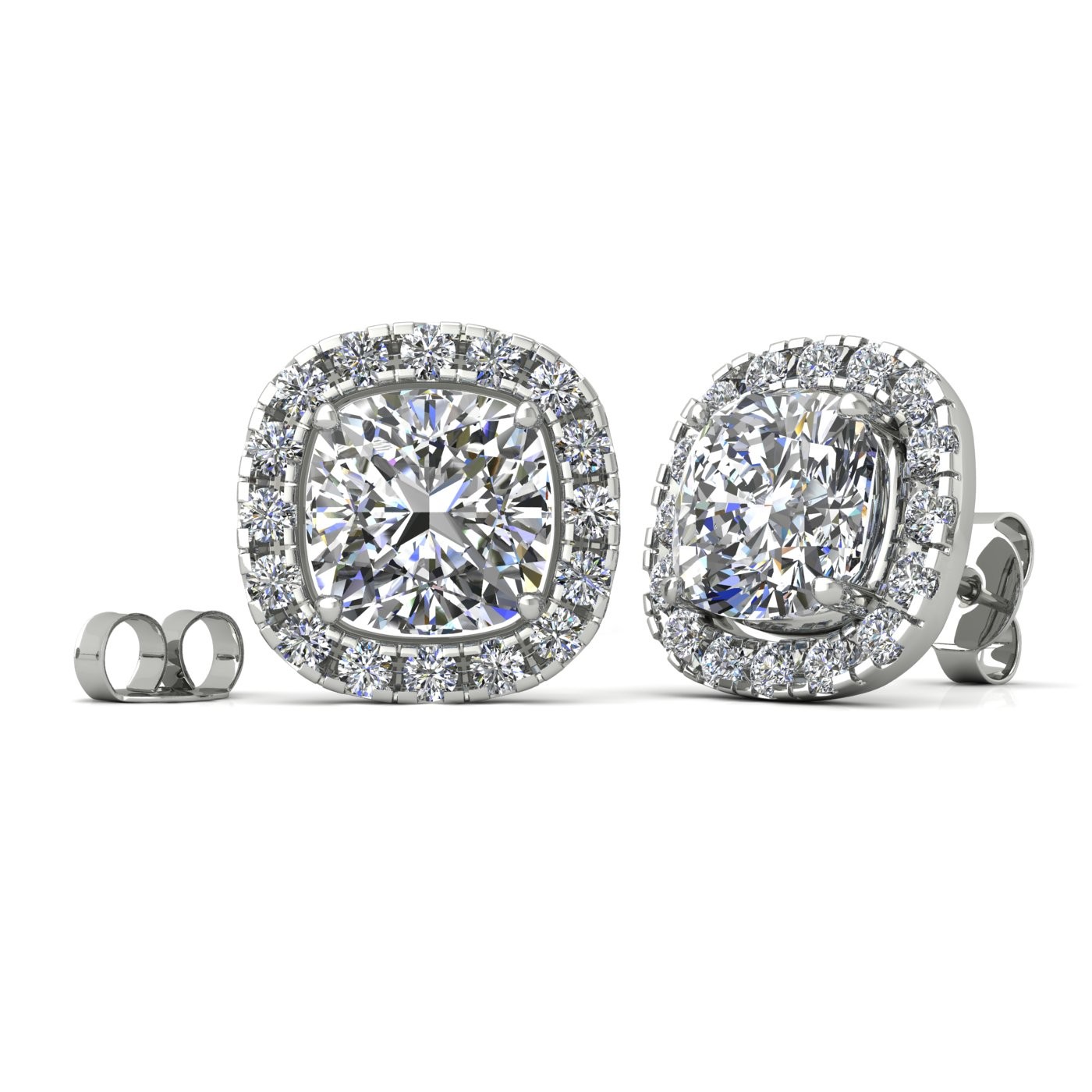 18k white gold 0,3 ct each (0,6 tcw) 4 prongs cushion shape diamond earrings with diamond pavÉ set halo Photos & images
