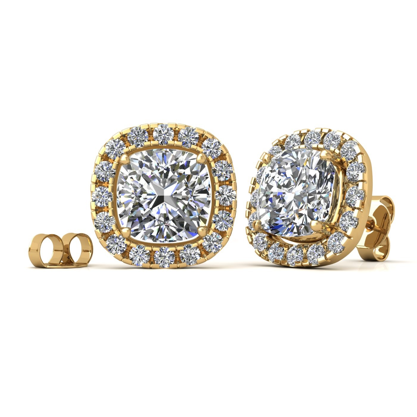 18k yellow gold  1,2 ct each (2,4 tcw) 4 prongs cushion shape diamond earrings with diamond pavÉ set halo Photos & images