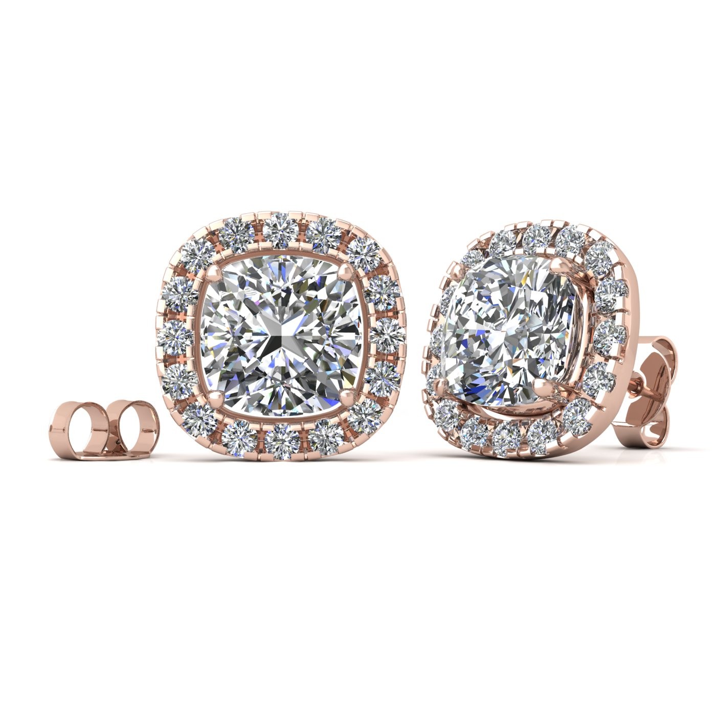 18k rose gold  2,0 ct each (4,0 tcw) 4 prongs cushion shape diamond earrings with diamond pavÉ set halo