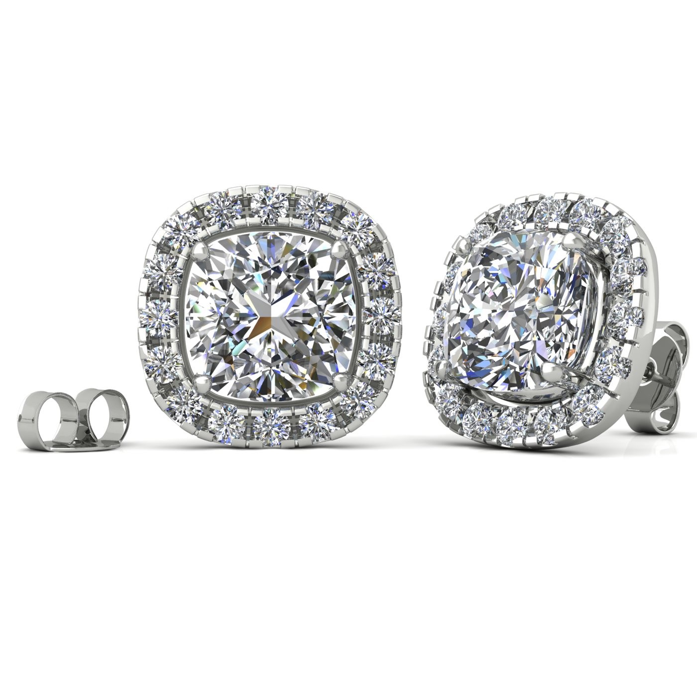 18k white gold  0,7 ct each (1,4 tcw) 4 prongs cushion shape diamond earrings with diamond pavÉ set halo Photos & images