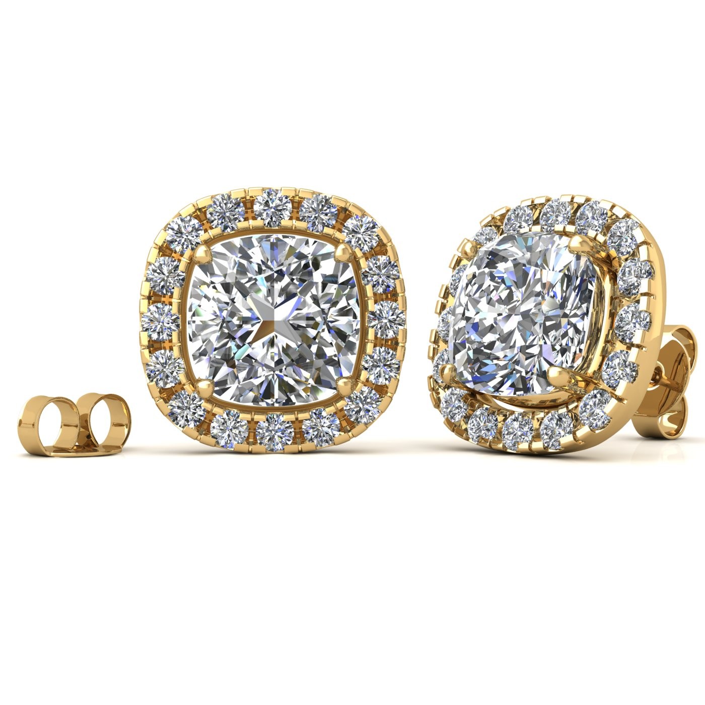 18k yellow gold  2,5 ct each (5,0 tcw) 4 prongs cushion shape diamond earrings with diamond pavÉ set halo