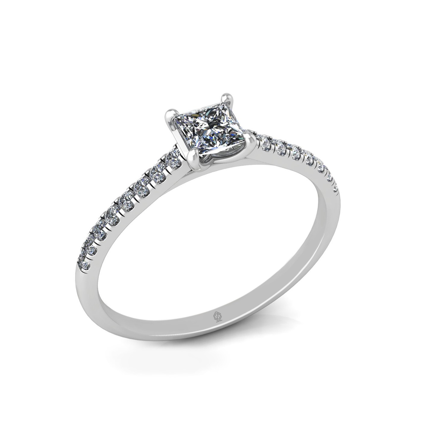 18k white gold  0,30 ct 4 prongs princess cut diamond engagement ring with whisper thin pavÉ set band