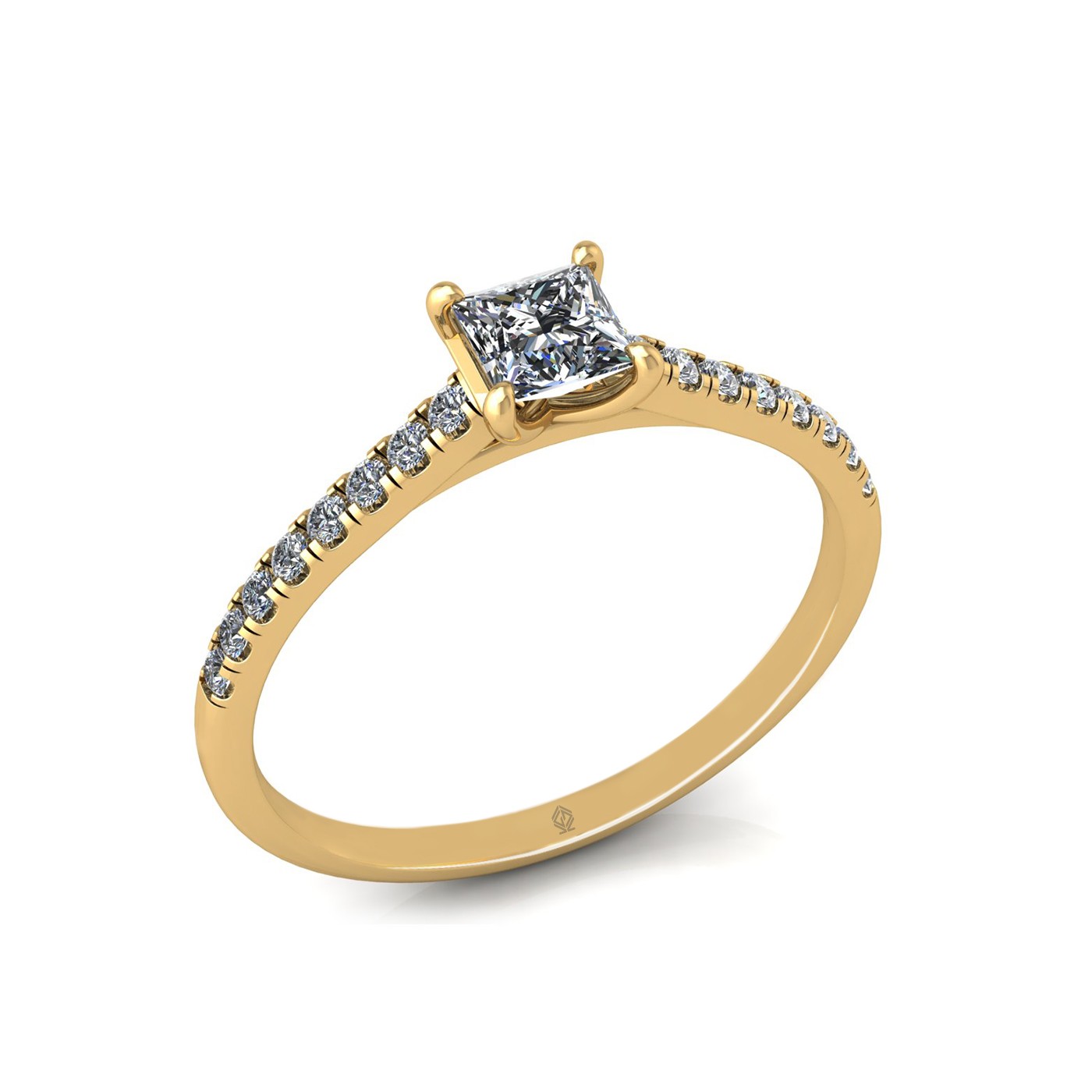 18k yellow gold  0,30 ct 4 prongs princess cut diamond engagement ring with whisper thin pavÉ set band