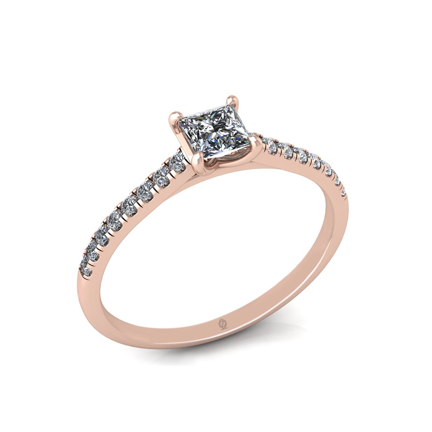 18k rose gold  0,30 ct 4 prongs princess cut diamond engagement ring with whisper thin pavÉ set band