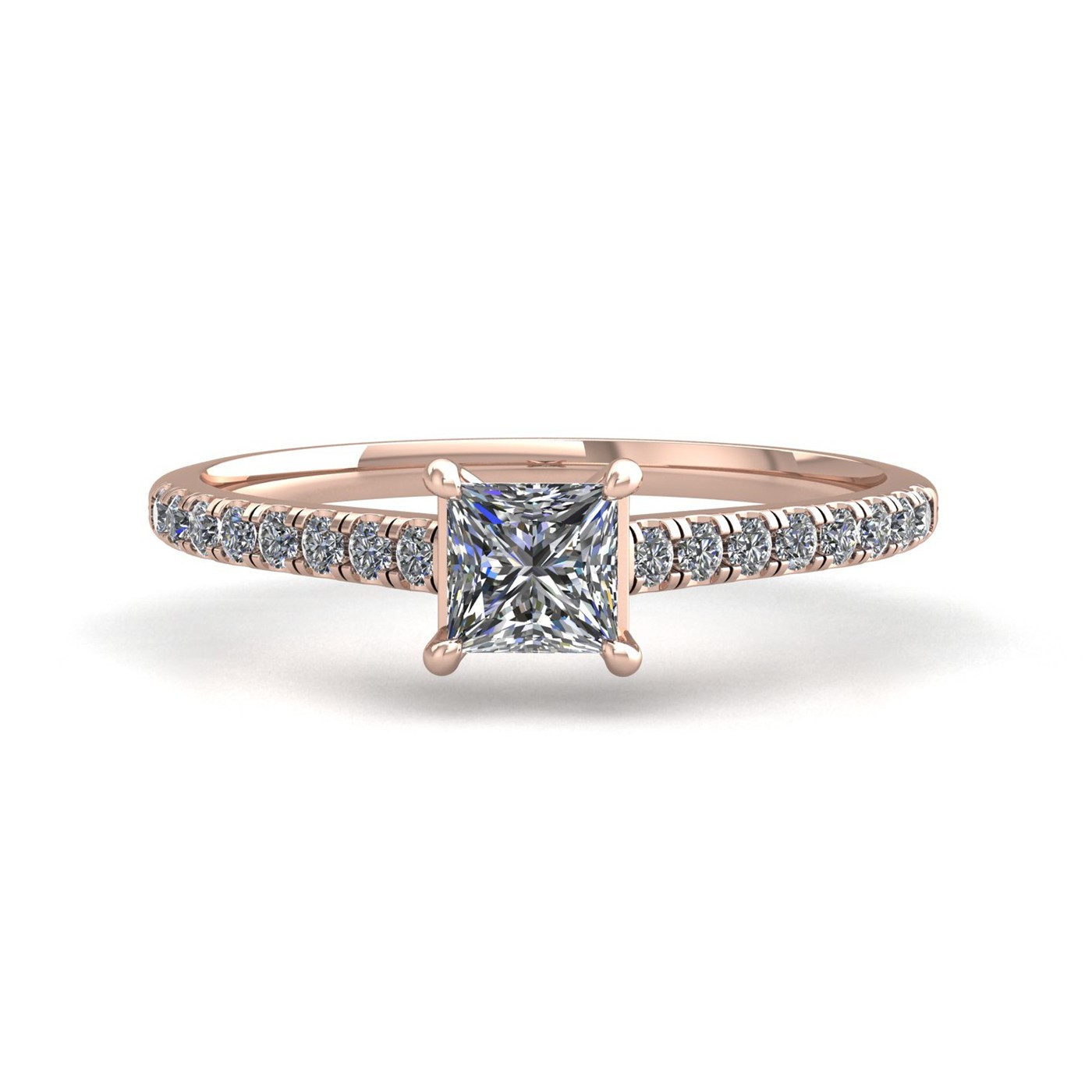18k rose gold 2,00 ct 4 prongs princess cut diamond engagement ring with whisper thin pavÉ set band Photos & images
