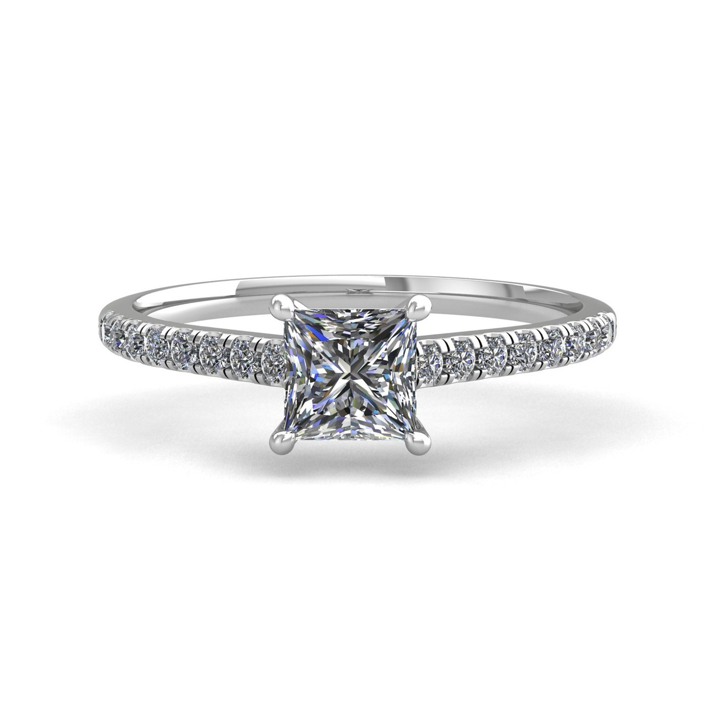 18k white gold 1,00 ct 4 prongs princess cut diamond engagement ring with whisper thin pavÉ set band Photos & images