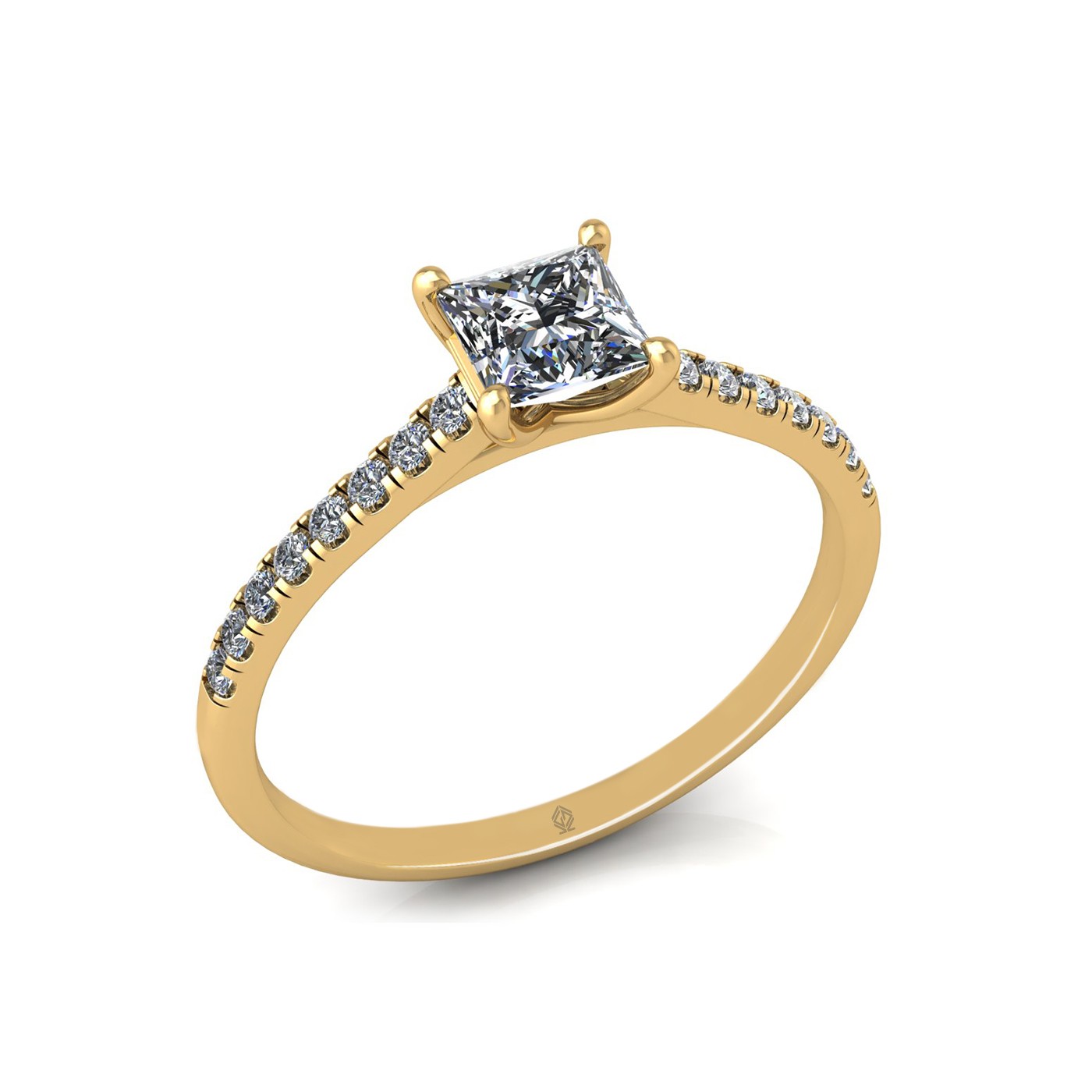 18k yellow gold  0,50 ct 4 prongs princess cut diamond engagement ring with whisper thin pavÉ set band